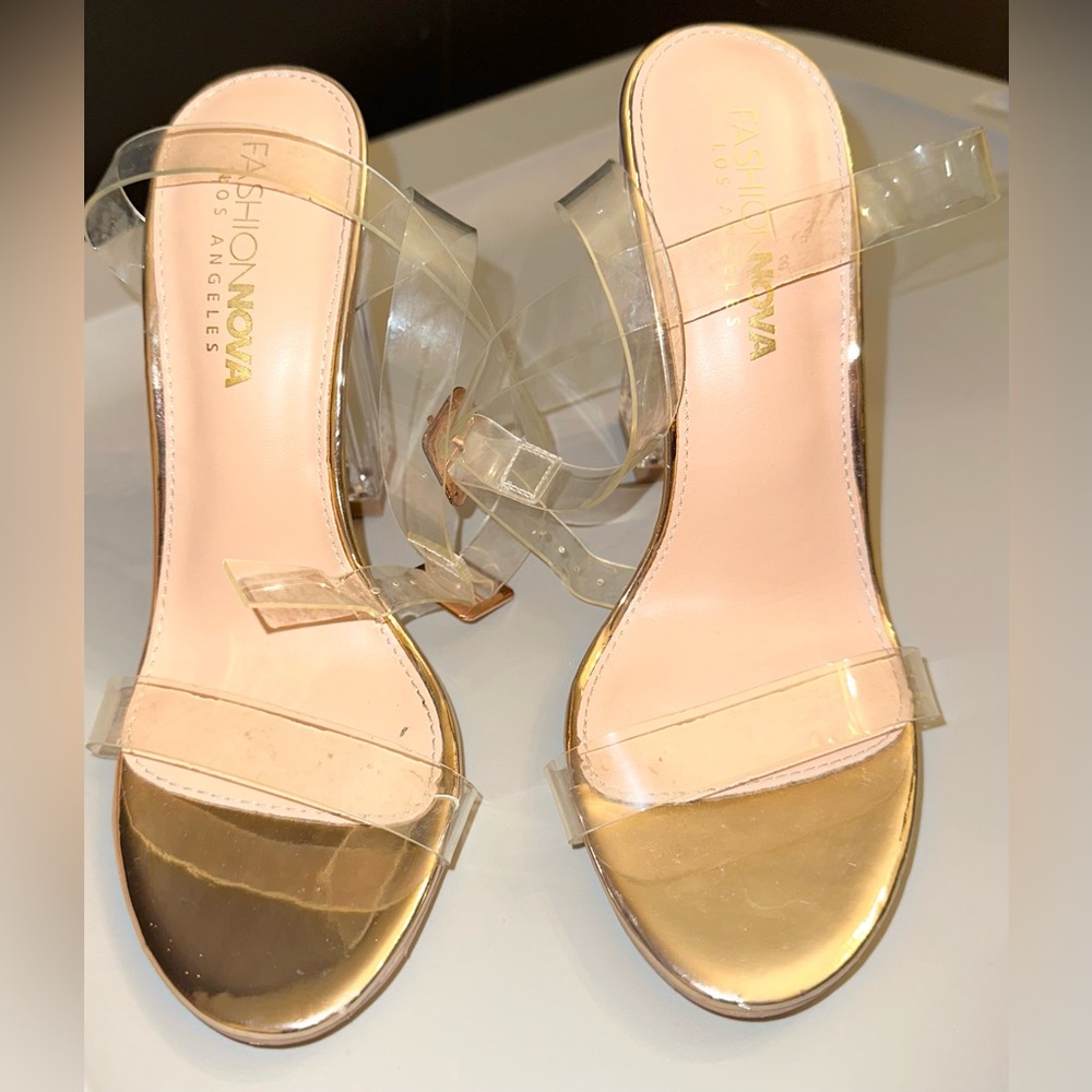 Fashion Nova clear and gold strap heels. Size 5.5
